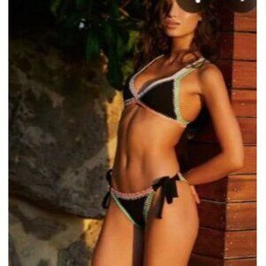 NWT Handmade Crochet-Trim Tie Bikini Bottoms Medium Neon Solange FERARINI
